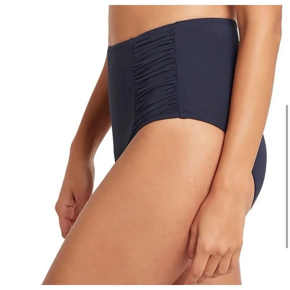 Sea Level Swim Gathered Side High Waisted Bikini Bottom In Navy Sz 16 New